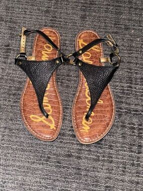 Sam Edelman Black Leather Thong Sandals Gold Hardware